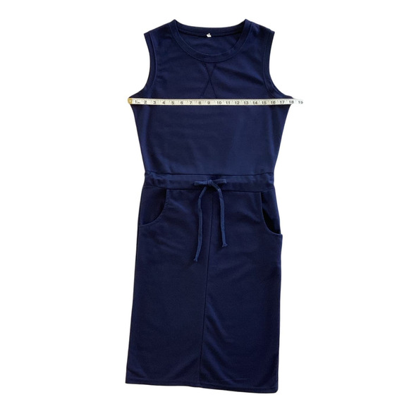 Essentials Basic Sleeveless Casual Drawstring Midi Dress Navy Size Medium - Picture 7 of 10